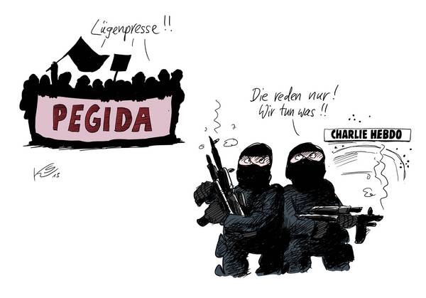 Pegida: Lügenpresse!! Charlie Hebdo-Terroristen: Die reden nur! Wir tun was!!!